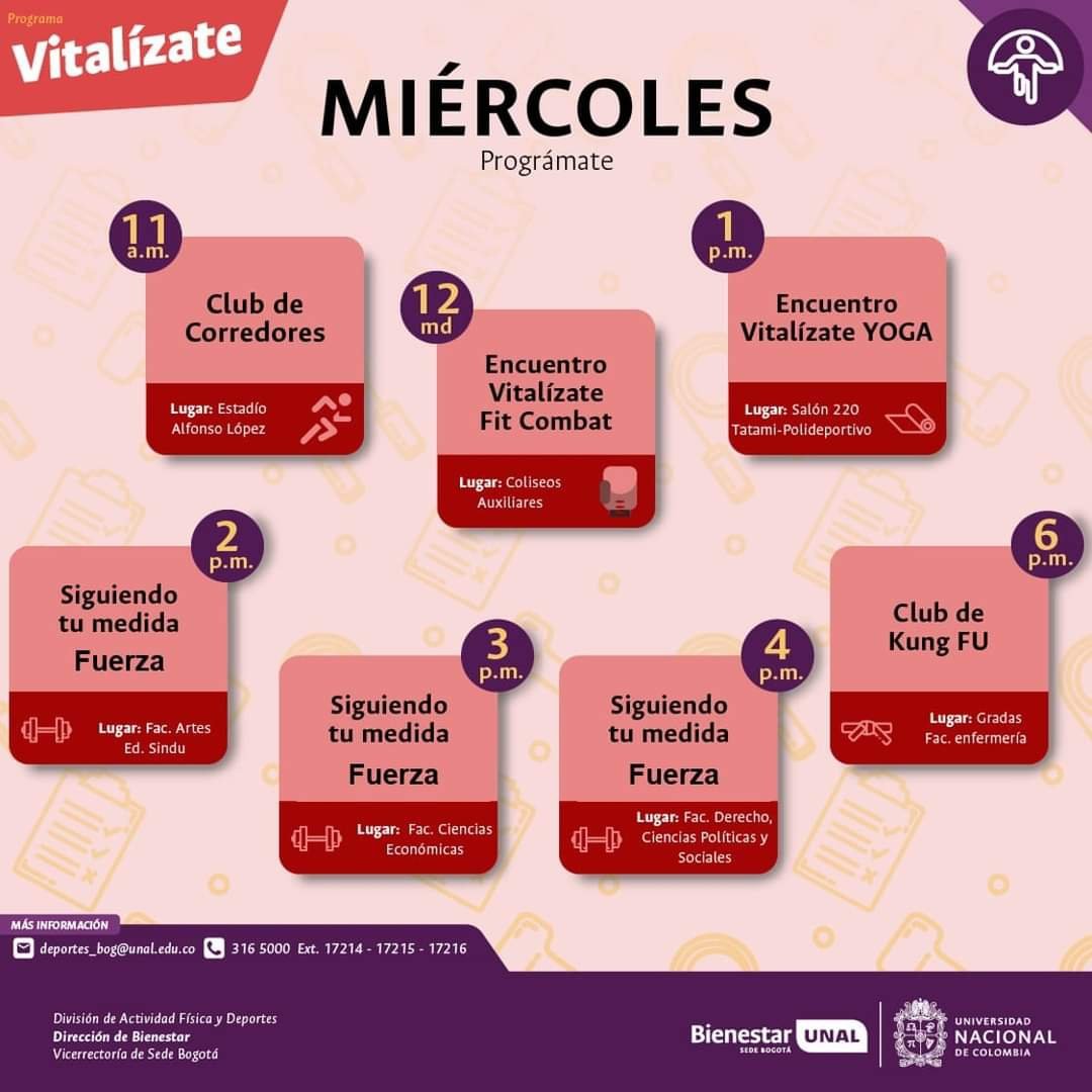 El miércoles Vitalízate por tu bienestar

Inscríbete en el siguiente link bit.ly/Vitalizate-2023
#SoyVitalizate #SomosBienestar #SomosUNAL #SomosActividadFisica #ComunidadUNAL #CadaMinutoCuenta