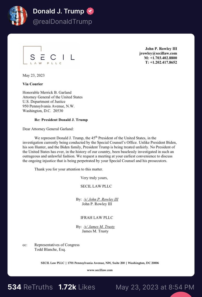 realjusthuman's tweet photo. Trump’s legal team is requesting a meeting with AG Garland. https://t.co/EZcF4dy24g
