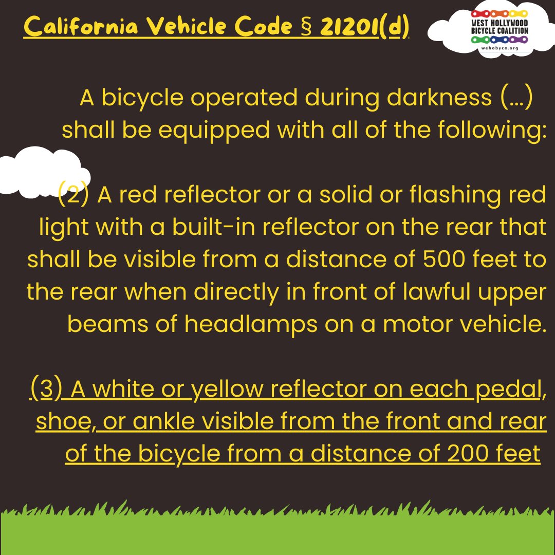WeHoBike's tweet image. Did you know the California Vehicle Code requires the bicycle to be equipped with all these items at nighttime?

What tips do you have for safe cycling at night?

[source: leginfo.legislature.ca.gov/faces/codes_di…]

#wehobyco #westhollywood #californiavehiclecode #bikesafeweho