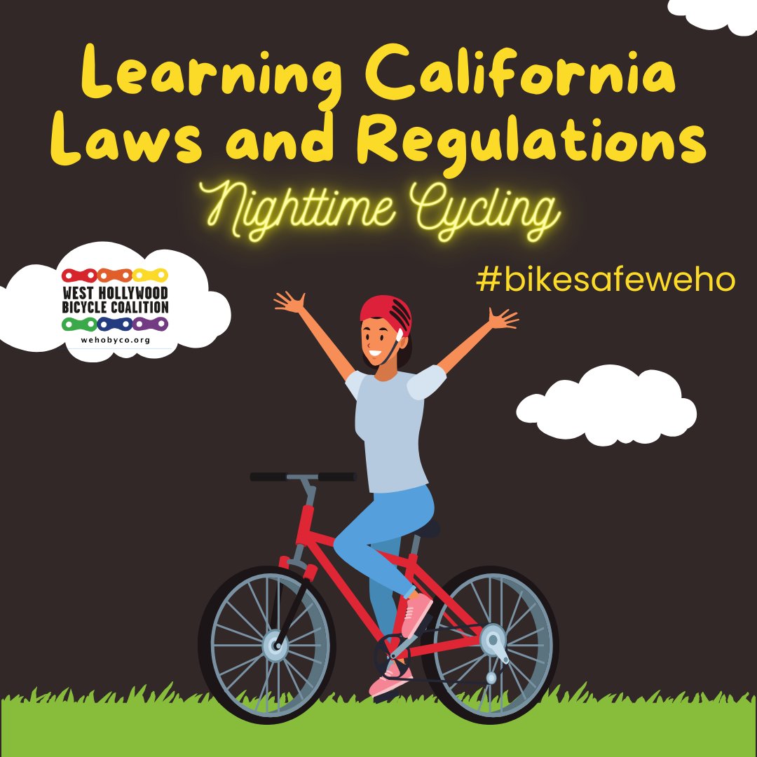 WeHoBike's tweet image. Did you know the California Vehicle Code requires the bicycle to be equipped with all these items at nighttime?

What tips do you have for safe cycling at night?

[source: leginfo.legislature.ca.gov/faces/codes_di…]

#wehobyco #westhollywood #californiavehiclecode #bikesafeweho