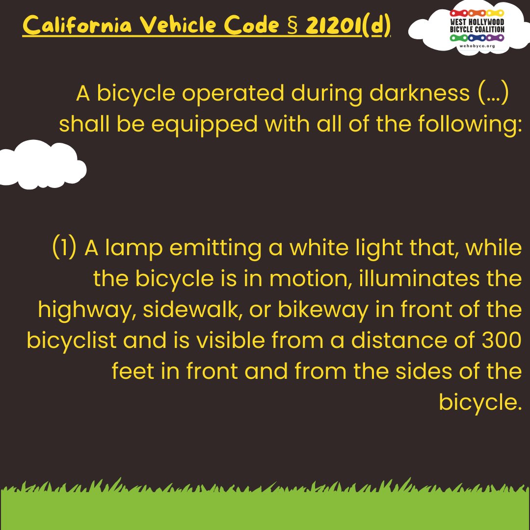 WeHoBike's tweet image. Did you know the California Vehicle Code requires the bicycle to be equipped with all these items at nighttime?

What tips do you have for safe cycling at night?

[source: leginfo.legislature.ca.gov/faces/codes_di…]

#wehobyco #westhollywood #californiavehiclecode #bikesafeweho