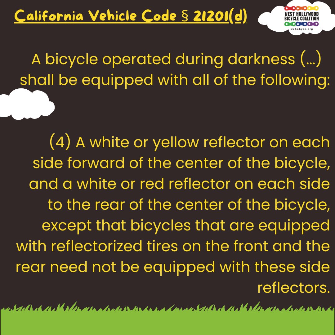 WeHoBike's tweet image. Did you know the California Vehicle Code requires the bicycle to be equipped with all these items at nighttime?

What tips do you have for safe cycling at night?

[source: leginfo.legislature.ca.gov/faces/codes_di…]

#wehobyco #westhollywood #californiavehiclecode #bikesafeweho