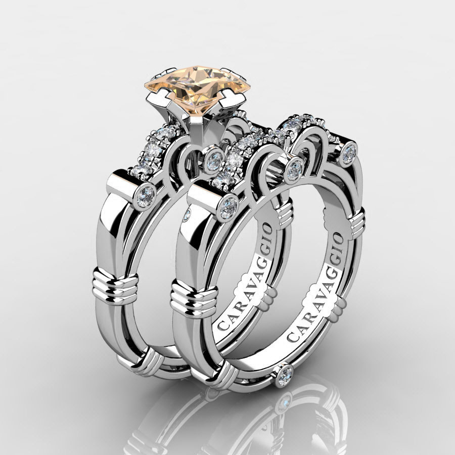 Luxury Bridal 💎 caravaggiojewelry.com/?p=428510 Art Masters Caravaggio 950 #Platinum 1.25 Ct Princess #Champagne and White Diamond Engagement Ring Wedding Band Set R623PS-PLATDCHD at Caravaggio™ Jewelry