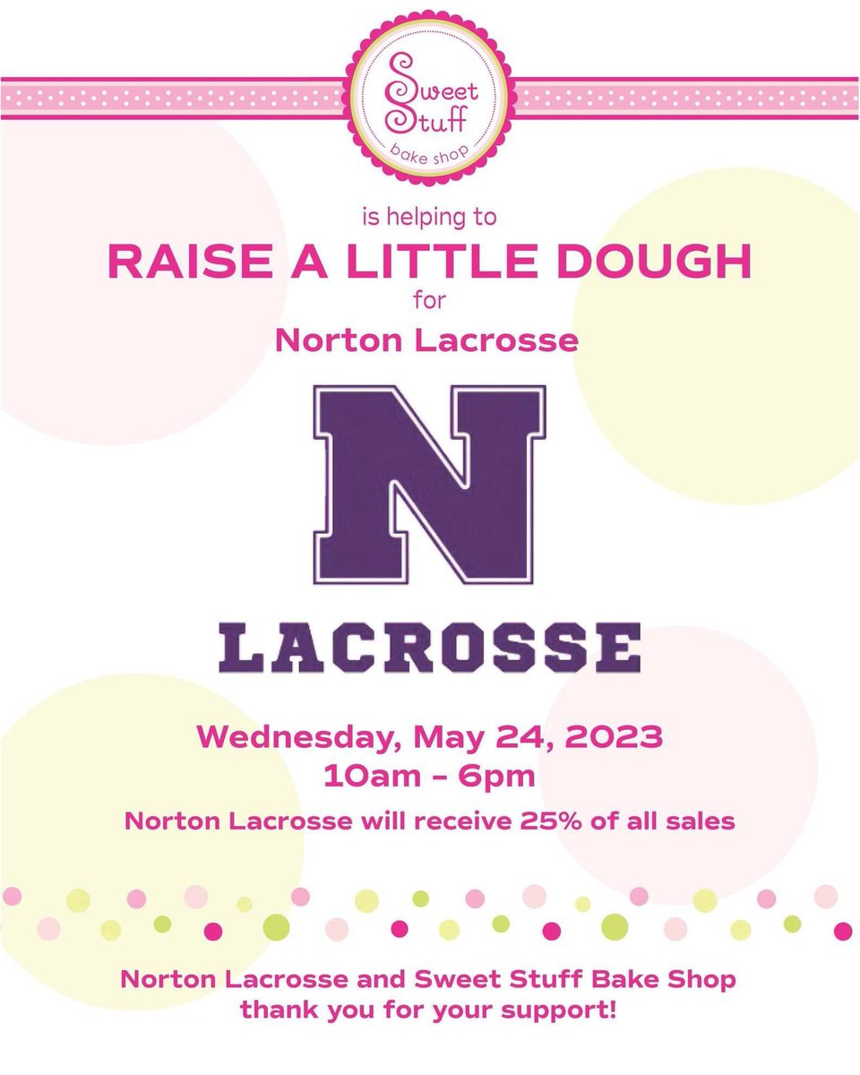 Did you see who we are partnering with?!?  Only the best sweet treats in town!  Visit Sweet Stuff Bake Shop tomorrow and support this wonderful local business and our teams all at the same time!  Whose bringing a sweet or savory treat to a BBQ this coming long weekend?!?
