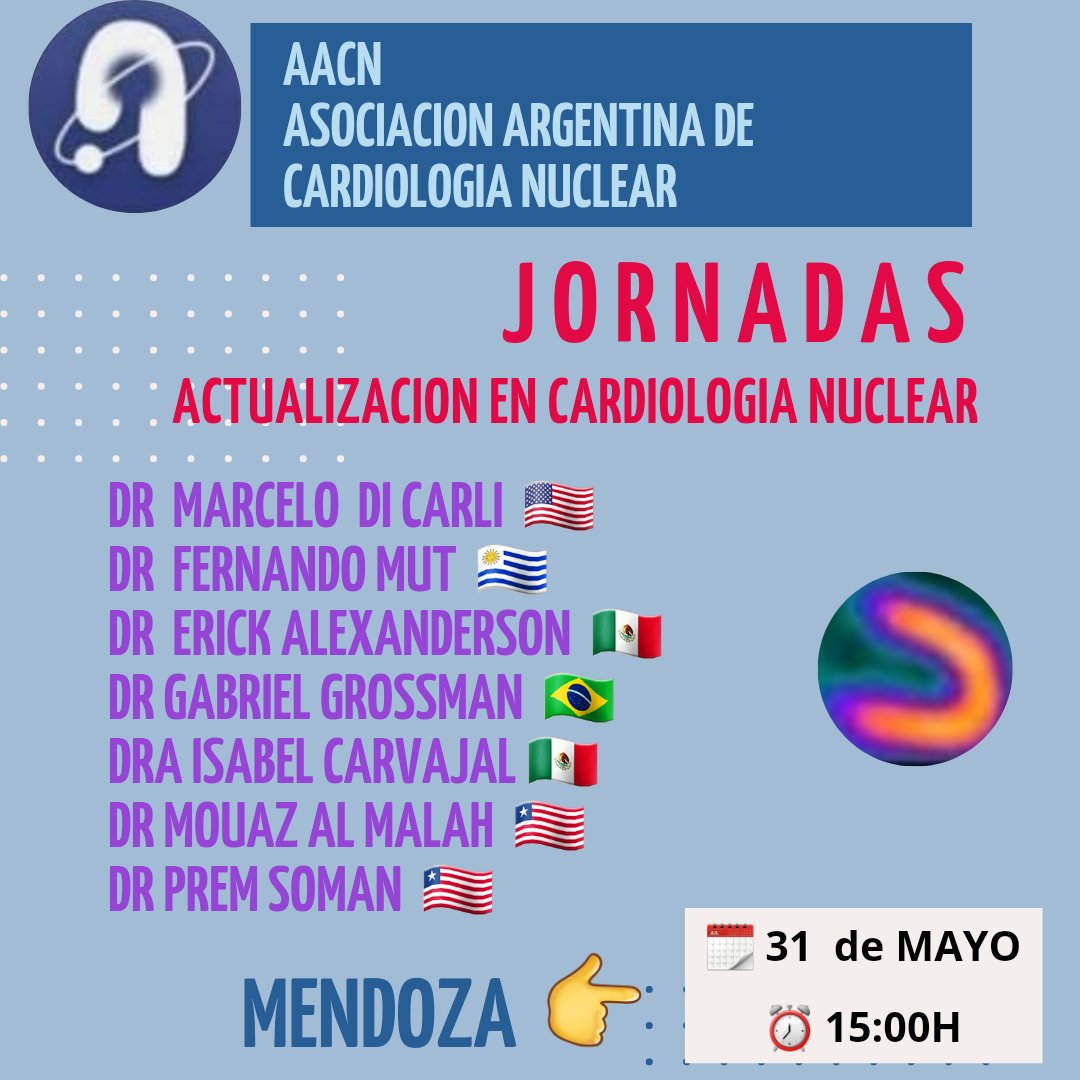 El 31 de Mayo nos reuniremos con Referentes Internacionales en #Mendoza 🇦🇷 Te esperamos !! 
<a href="/mdicarli/">Marcelo Di Carli</a>
<a href="/alexandersoneri/">Erick Alexanderson R</a> 
<a href="/estelais/">Dra. Isabel Carvajal.</a> 
<a href="/GabrielGrossman/">Gabriel Grossman</a> 
<a href="/FernandoMut/">Fernando Mut</a> 
<a href="/premsoman123/">Prem Soman</a> 
<a href="/almallahmo/">Mouaz Al-Mallah, M.D MSc</a> 
<a href="/juanerriest/">Erriest Juan</a>
<a href="/AndreaAstesian3/">Andrea Astesiano</a> 
<a href="/lucasguti_/">Lucas Gutierrez ⭐️⭐️⭐️</a> 
<a href="/Nati_AG13/">Natalia Aramayo G 💙💙💙</a> 
<a href="/fermerani/">fermerani</a> 
<a href="/ctinocomesquita/">Claudio Tinoco Mesquita</a>