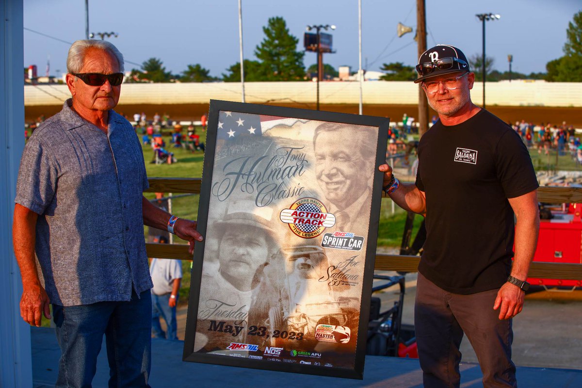 A special moment. 😎

50 years ago, Joe Saldana captured a victory in the #HulmanClassic.

Tonight, he's the grand marshal for the Tony Hulman Classic at @theactiontrack.

He's a <a href="/sprintcarhof/">National Sprint Car Hall of Fame & Museum</a> inductee &amp; his son, <a href="/JoeySaldana/">Joey Saldana</a>, will join him in the HOF a week from Saturday.
