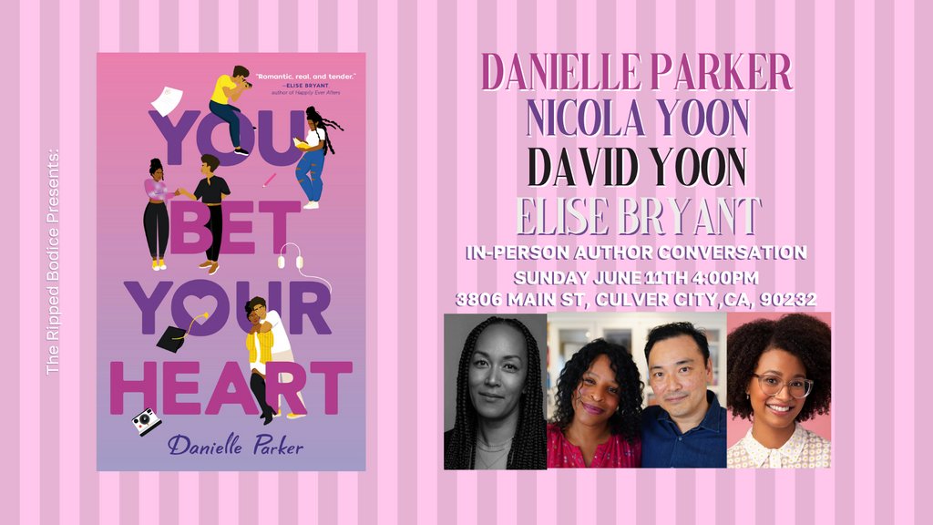 The Ripped Bodice (@therippedbodice) on Twitter photo We’re hosting an #AuthorEvent for You Bet Your Heart by Danielle Parker on Sunday, June 11th at 4pm PT. 📚️
@OneDaniP will discuss her #debut #YARomance with <a href="/NicolaYoon/">Nicola updates</a> & @DavidYoon, moderated by @EliseMBryant. 💜
RSVP: /www.therippedbodicela.com/events-and-tickets We’re hosting an #AuthorEvent for You Bet Your Heart by Danielle Parker on Sunday, June 11th at 4pm PT. 📚️
@OneDaniP will discuss her #debut #YARomance with <a href="/NicolaYoon/">Nicola updates</a> & @DavidYoon, moderated by @EliseMBryant. 💜
RSVP: /www.therippedbodicela.com/events-and-tickets