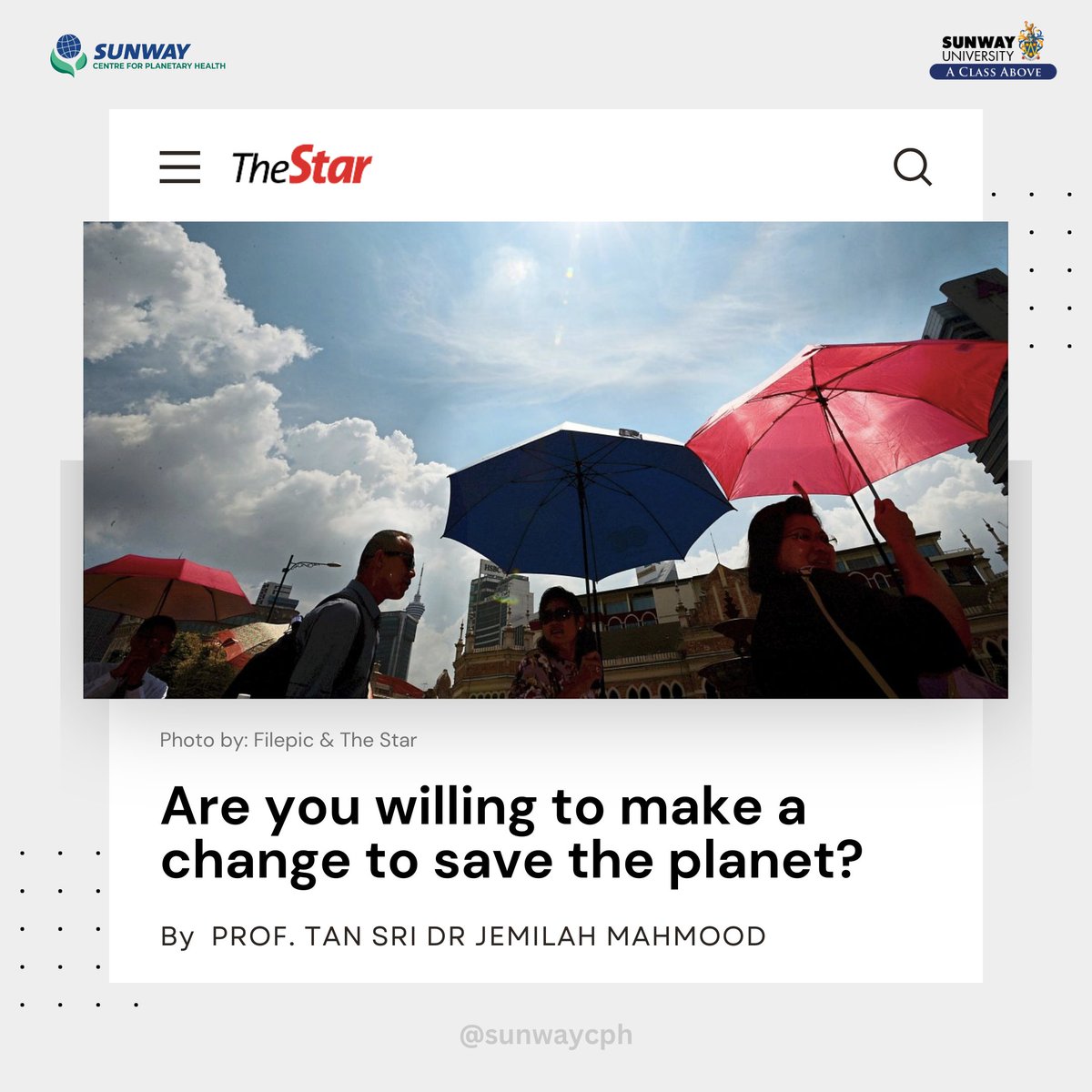'Are you willing to make a change to save the planet?'

Read the latest article written by @JemilahMahmood here: thestar.com.my/news/nation/20…

#PlanetaryHealth #SunwayCPH #SunwayUniversity #TheStar @SunwayU @staronline