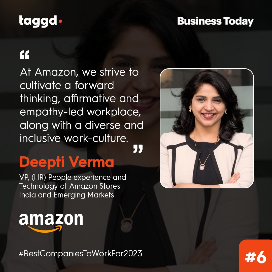 _taggd's tweet image. Ranked #6 in the list of #BestCompaniesToWorkFor2023 is Amazon India. Deepti Varma, shares the various people initiatives taken by Amazon India to ensure employee-centric values at the forefront. Read more here:  hubs.li/Q01Q-cyP0
