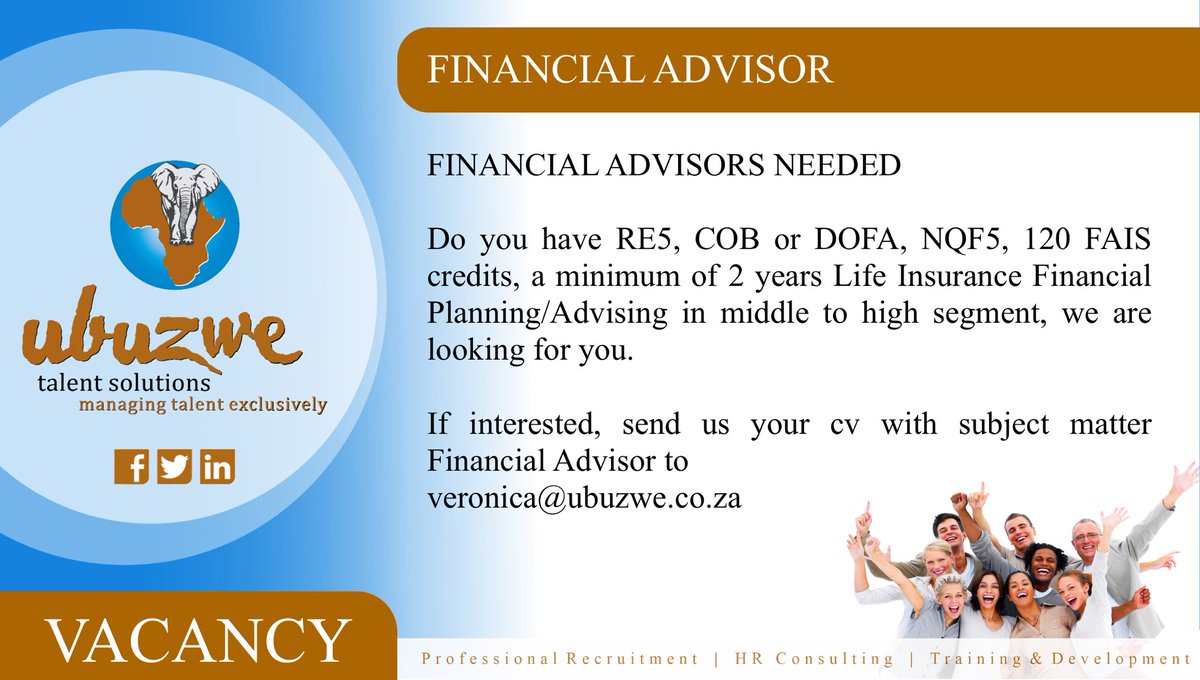 #Vacancy | Financial Advisor
If interested, send us your cv with subject matter Financial Advisor to veronica@ubuzwe.co.za
#UbuzweTalentSolutions #UbuzweTalent #Ubuzwe #recruitment #HRconsultants #talentsolutions #TaigeisDigital #ProfessionalRecruitment #RecruitmentSouthAfrica