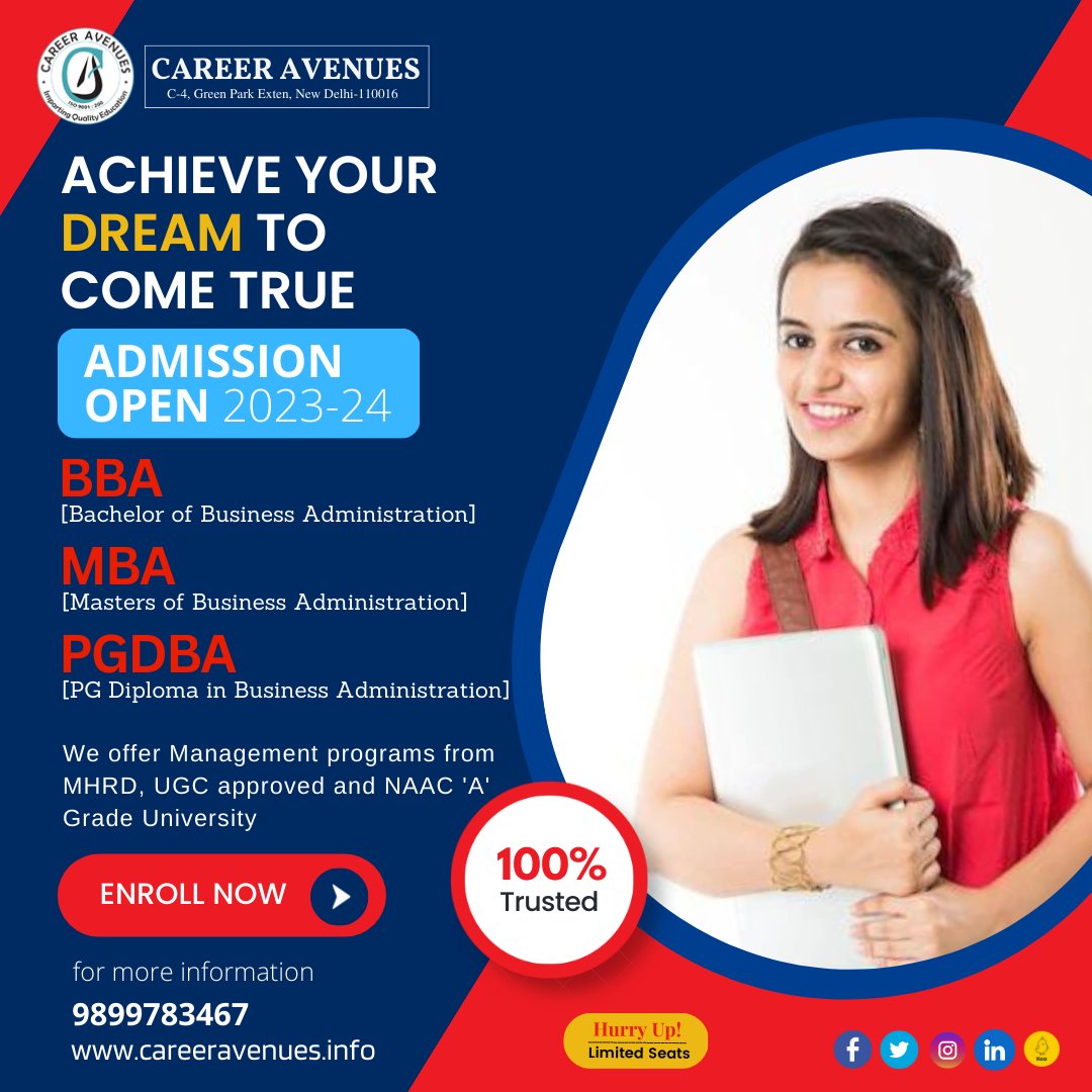 Career4Avenues's tweet image. Are you looking to advance your career but don&apos;t have the time or flexibility to attend traditional Management programs? Our BBA, MBA &amp;amp; PGDBA program is the solution you have been looking for.

Enroll yourself at Career Avenues today!!!
#BBA #MBA #PGDBA