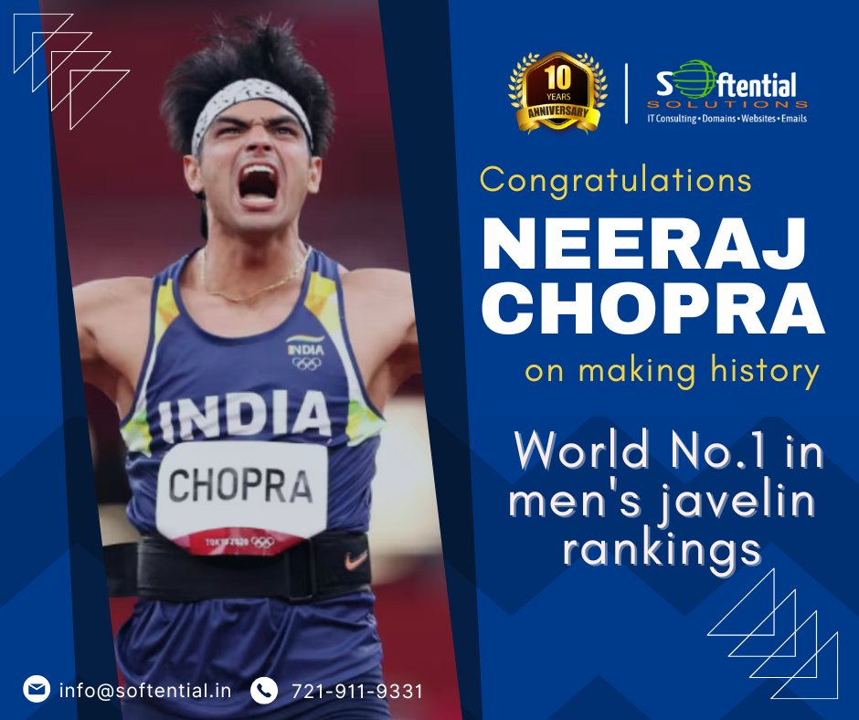 SoftentialSolut's tweet photo. Kudos to Neeraj Chopra on becoming the World No 1 in Men's Javelin Throw and bringing the laurels to the Nation.
#proudtobeindian #NeerajChopra #Javelinthrow #achievement #worldno1 #softential #aligarh #india https://t.co/GCIVW0QM8v