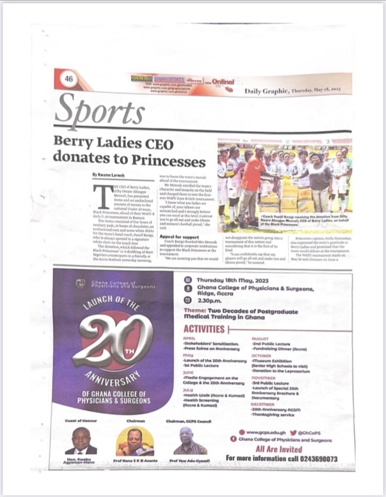 #throwbackwednesday to some Press Release & features of our recent donation to Ghana Women National Teams(@Team_GhanaWomen )’s Black Princess 

Trdz: Partey

#BerryLadies
#partey 
#donation
#press