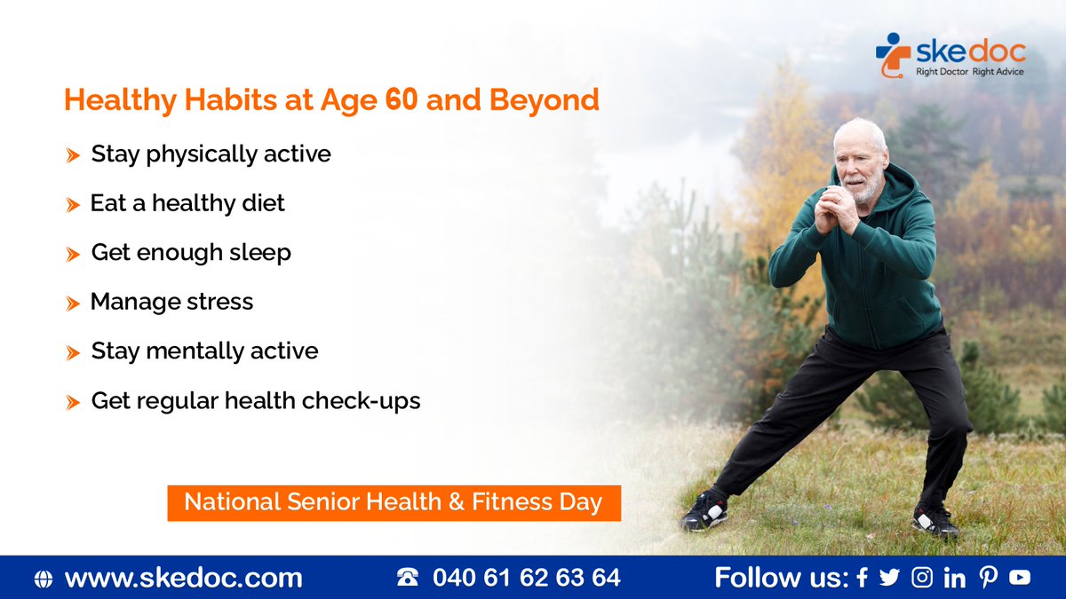 Senior Health & Fitness awareness promotes physical activity, healthy eating habits, mental well-being to improve quality of life & prevent age-related diseases.
bit.ly/3OJPKvE

#seniorhealth #seniorfitness #healthylifestyle  #mentalhealth #healthyeating #Skedoc