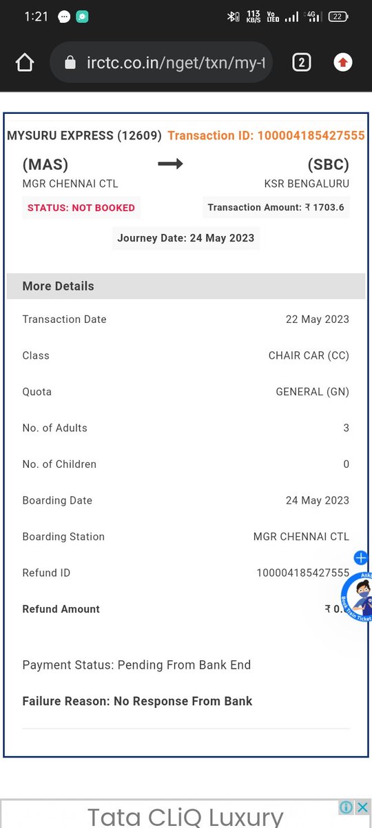 MadhanShield's tweet photo. I booked a train ticket but something network issue so money deducted from my account but transaction failed but am not get my refund amount (failed transaction) so please assist me for it &amp; how much long it will take time to refund my money @IRCTCofficial @Railway17677062 https://t.co/nqmo5g3Ayt