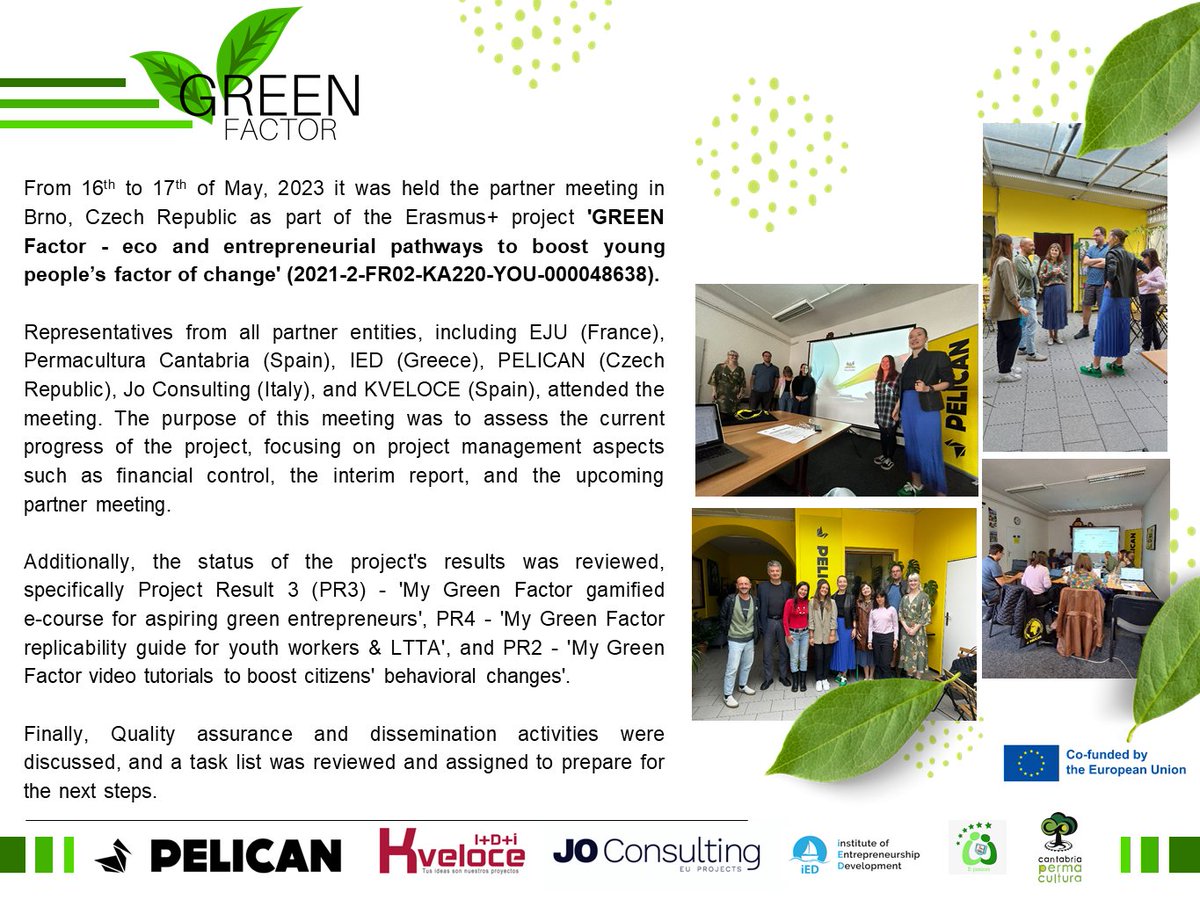 🟢 The partner meeting for the Erasmus+ project 'GREEN Factor' (2021-2-FR02-KA220-YOU-000048638) took place in Brno, Czech Republic on May 16th-17th, 2023...and now are pleased to share the summary poster with you! ➡📄
#ErasmusPlus #GREENFACTOR #greenyouth #europeanyouth