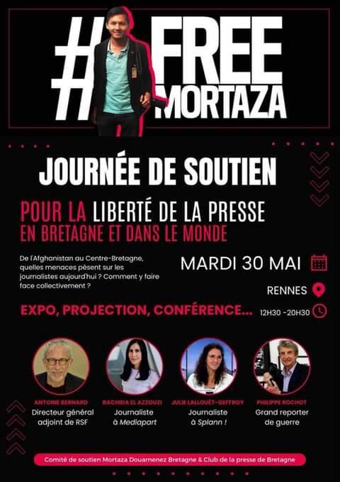 🔴#FreeMortaza conference is happening on the 30th of May at Rennes at Sciences Po, with an exhibition about #Afghanistan by @RachidaElAzzz, as well as debates by @antoinebernard_, @RachidaElAzzz, @Philippe_Rochot and Julie Lallouët-Geffroy.👇 facebook.com/events/s/confe…