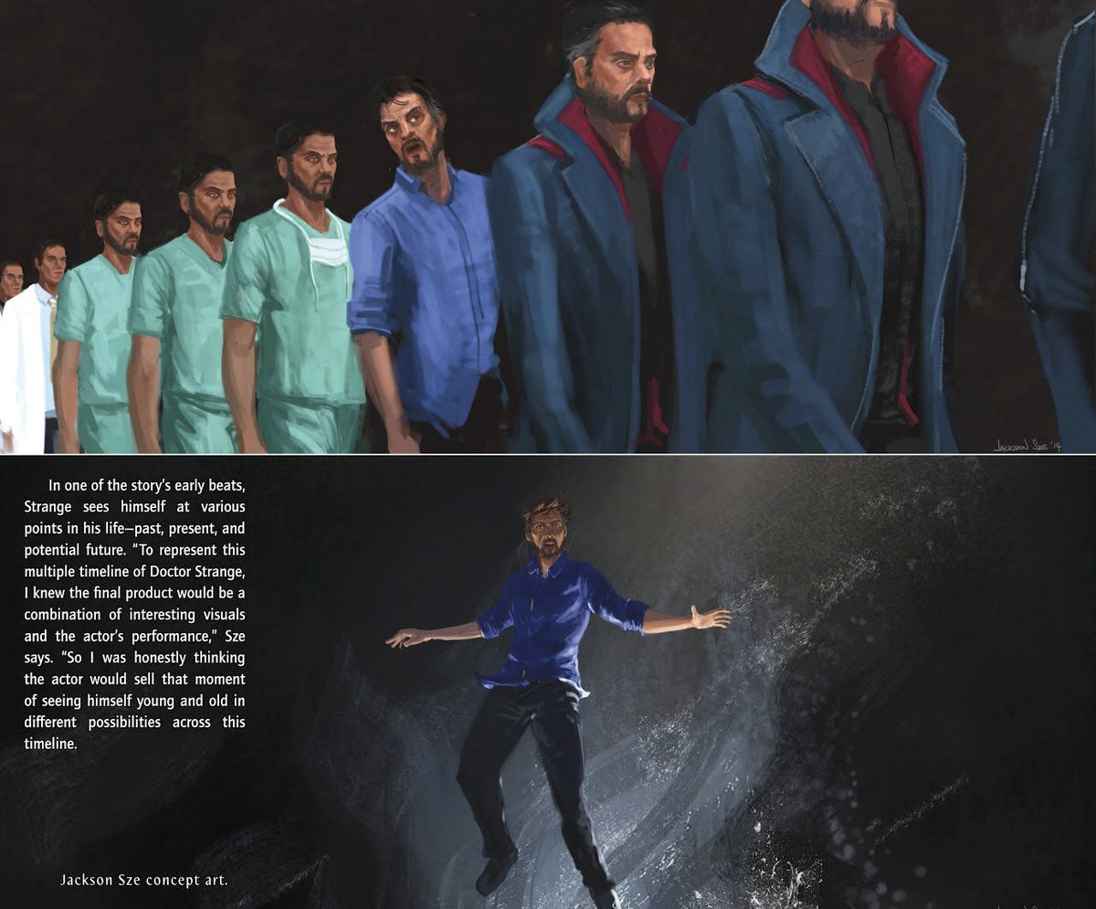 Doctor Strange and his sister Donna in the art book. (2016)
In these unused concept arts, during the open-your-eyes journey, Strange sees himself at various
points in his life- past, present, and potential future. He looks back and sees himself mourning Donna on the frozen lake.