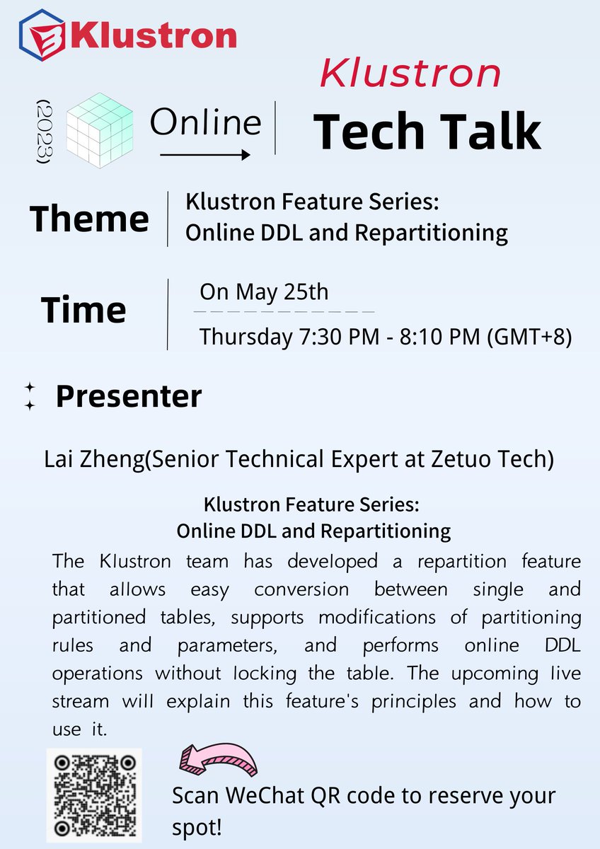 Klustron's tweet photo. 🔥#TechTalk: Join our live talk in Mandarin! Unravel #Klustron's 'repartition' feature - flexible table transformations, rule modifications, and #OnlineDDL sans locks. Zero interruptions, full productivity!💼#Database #DataPartition #PostgreSQL #MySQL #TechForGood

Sign up today! https://t.co/v71K20moXG
