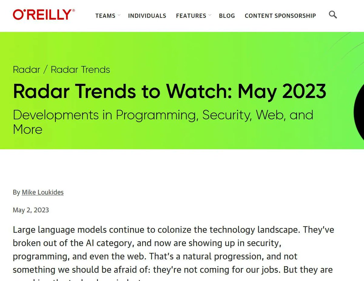 O'Reilly Trends to Watch 2023 💡

The O'Reilly team has released an overview of key highlights identified in the areas of artificial intelligence, ethcis in technology, general programming, security, infrastructure, IOT, web and quantum computing.

Link: oreilly.com/radar/radar-tr…