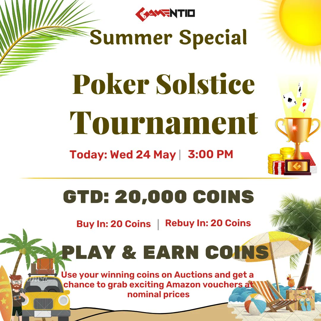 Lets play poker! #OnlineCasino brings #Summer Special #pokeronline Coin Tournament today at 3.00 PM with a guaranteed prize pool of 20K coins.
Reserve your seat NOW! bit.ly/2JTJrn3

Note: Win these coins & start #bidding on Amazon Vouchers in #auctions.

#onlinecasino