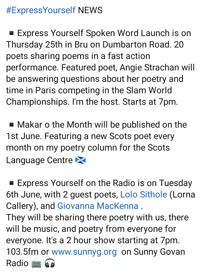 carla_woodburn's tweet photo. #ExpressYourself NEWS

#expressyourselfontheradio #scotslanguage #sunnygradio #poetrycommunity #poetryradio #expressyourself #carlawoodburn #makarothemonth #scotslanguagecentre https://t.co/pUOr9oKwZo