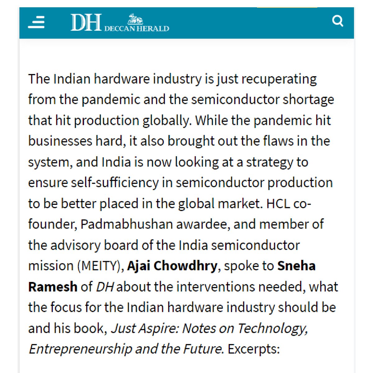 AjaiChowdhry's tweet photo. In a candid conversation with @SnehaVRamesh for @DeccanHerald, Ajai Chowdhry answered several key questions on India’s future in hardware.
#JustAspire #ProductNation #Fatherofhardware #HCLfounder #valuesandbeliefs #yourrange #range #DrAjaiChowdhry #Businessinnovation #India https://t.co/xYkeGJiOgJ