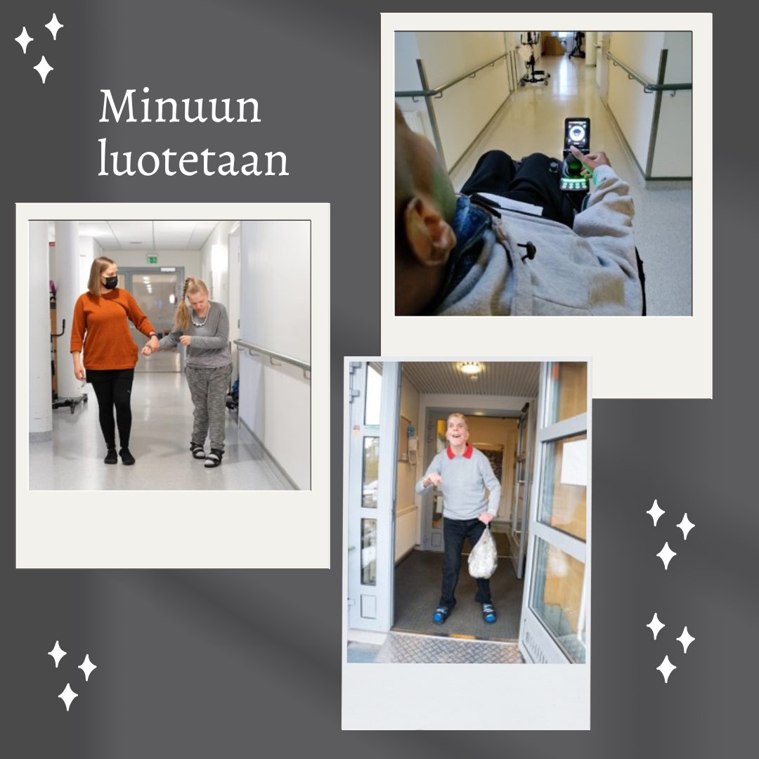 Kehittäjäryhmän valokuvia ja ajatuksia väittämään Minuun luotetaan. 
◾”Sinä luotat, että minä osaan ja minä luotan, että sinä autat."
◾”Hoidan sovitun homman."
◾"Olen taitava ohjaamaan pyörätuoliani, minuun luotetaan. "
#OsallisuudenKokemus
