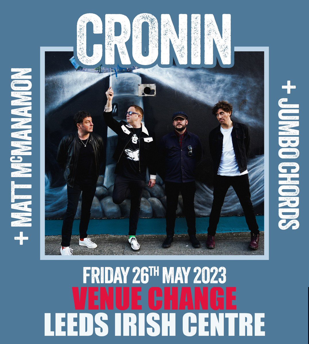 Please note our gig in Leeds this Fri 26th will now take place in @LdsIrishCentre due to a schedule conflict. @mattmcmanamon @jumbochords @barramacgmusic. @Nath_Brudenell @BrudPresents #croninmusic #irishindie #leedsirish #leedsgigs. brudenellpresents.seetickets.com/event/cronin/b…