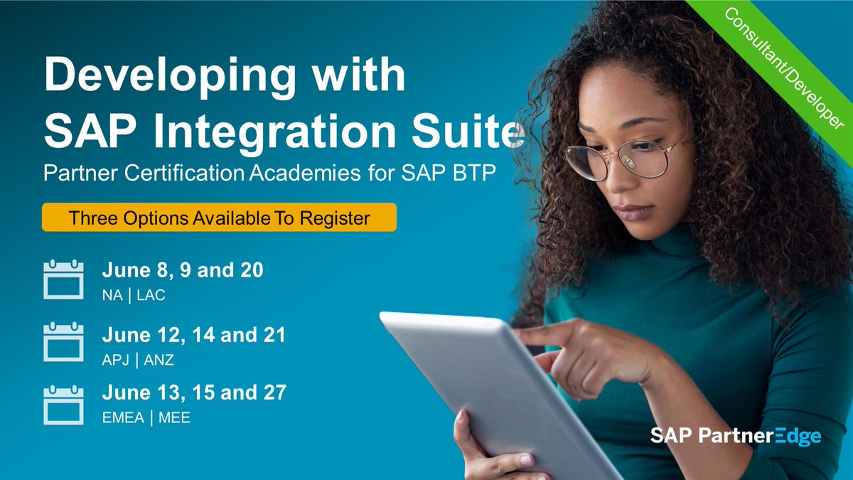 The #SAPPartner Certification Academy just added sessions to get certified for SAP Integration Suite. Register for a regional session &amp; gain an overview of key features and tools of the SAP Integration Suite to use in future extension projects on #SAPBTP. imsap.co/6019Omdvz