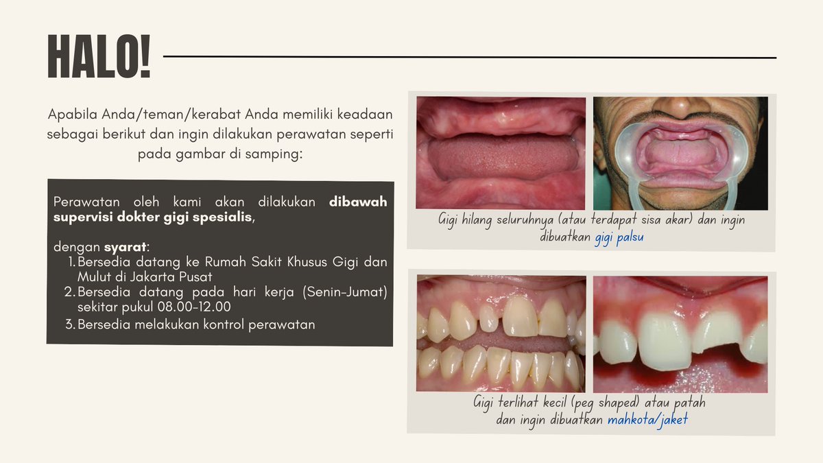 Haloo, saya koas Jakarta, apabila ada yang memiliki kriteria seperti pada gambar dan bersedia untuk dirawat di RSKGM, boleh reply atau dm ya, terimakasih! Akan dilakukan dibawah supervisi drg spesialis😃

#koasgigi