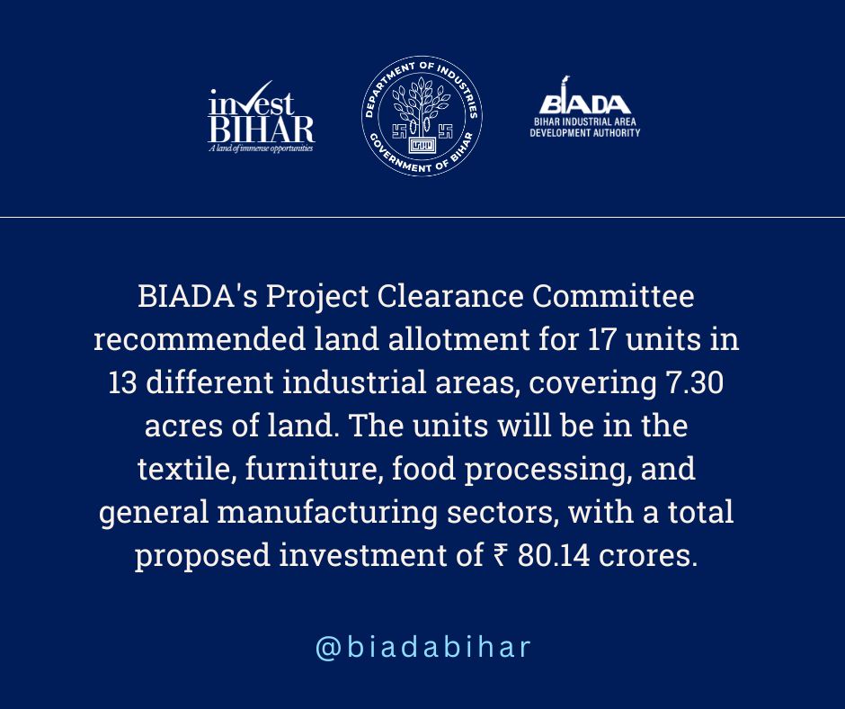 #BIADA's Project Clearance Committee recommended land allotment for 17 units in 13 different industrial areas, covering 7.30 acres of land. The units will be in the #textile, #furniture, #foodprocessing, and general #manufacturing sectors, with a total proposed investment of ₹…