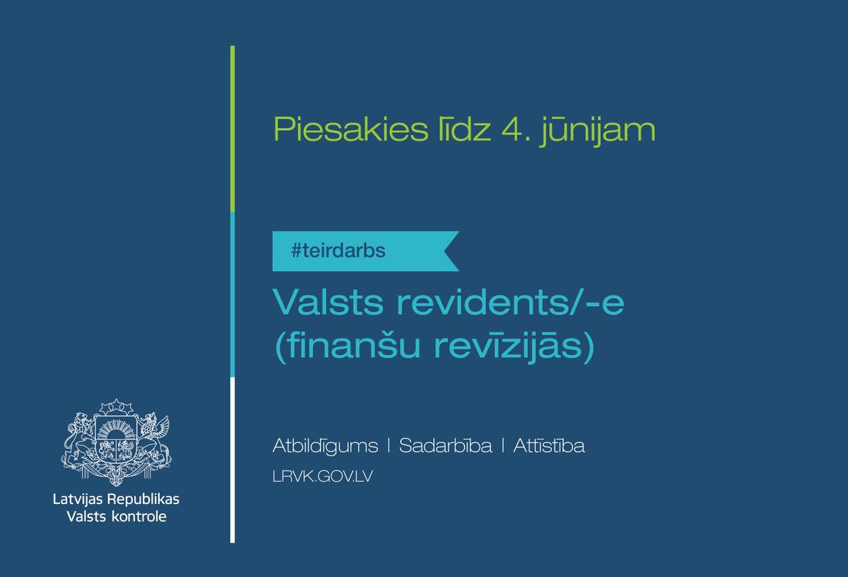VKontrole's tweet image. 🔵 Ja vēlies 🔍pētīt valsts un pašvaldību darbību, 📈analizēt problēmsituācijas un 💡sniegt ieteikumus uzlabojumiem valsts pārvaldē, piesakies darbam finanšu revīzijās ➡ lrvk.gov.lv/lv/karjera/vak… vai darbam lietderības un atbilstības revīzijās ➡ lrvk.gov.lv/lv/karjera/vak… #teirdarbs