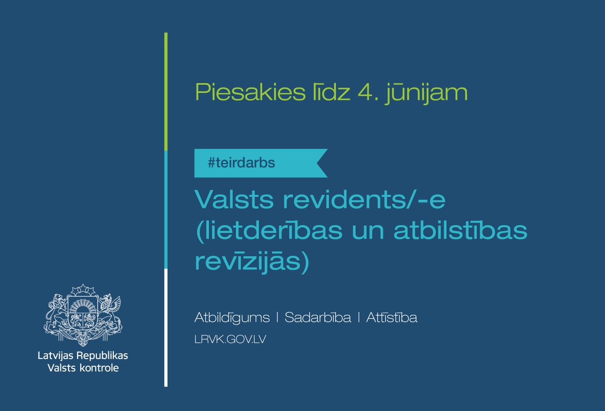 VKontrole's tweet image. 🔵 Ja vēlies 🔍pētīt valsts un pašvaldību darbību, 📈analizēt problēmsituācijas un 💡sniegt ieteikumus uzlabojumiem valsts pārvaldē, piesakies darbam finanšu revīzijās ➡ lrvk.gov.lv/lv/karjera/vak… vai darbam lietderības un atbilstības revīzijās ➡ lrvk.gov.lv/lv/karjera/vak… #teirdarbs