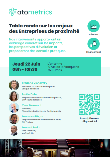 Atometrics (@atometrics) on Twitter photo RDV à notre table ronde le 22 juin sur les enjeux de l’#inflation et du #financement pour les entreprises de #proximité avec <a href="/VisnovskyF/">Visnovsky Frederic</a>, Emilie Defer (<a href="/cma_HdF/">CMA Hauts-de-France</a>), <a href="/yvesMarmont/">Yves Marmont</a>, Laurence Negre (<a href="/BNPParibas/">BNP Paribas Group</a>), Laurent Frelat (<a href="/XerfiSpecific/">Xerfi Spécific</a>)
Inscription 👉 : atometrics.com/atometrics-org… RDV à notre table ronde le 22 juin sur les enjeux de l’#inflation et du #financement pour les entreprises de #proximité avec <a href="/VisnovskyF/">Visnovsky Frederic</a>, Emilie Defer (<a href="/cma_HdF/">CMA Hauts-de-France</a>), <a href="/yvesMarmont/">Yves Marmont</a>, Laurence Negre (<a href="/BNPParibas/">BNP Paribas Group</a>), Laurent Frelat (<a href="/XerfiSpecific/">Xerfi Spécific</a>)
Inscription 👉 : atometrics.com/atometrics-org…