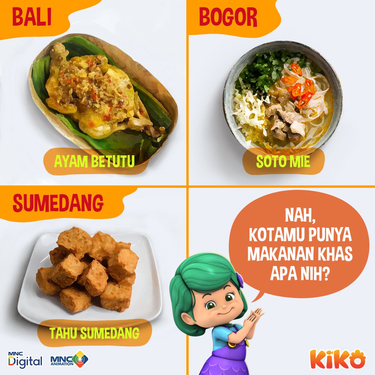 Nah kalau makanan khas dari daerah #SahabatKIKO apa nih? 😉
.
#MakananKhasIndonesia #MakananKhasDaerah #MakananIndonesiaEnakBanget #KIKOAnimation