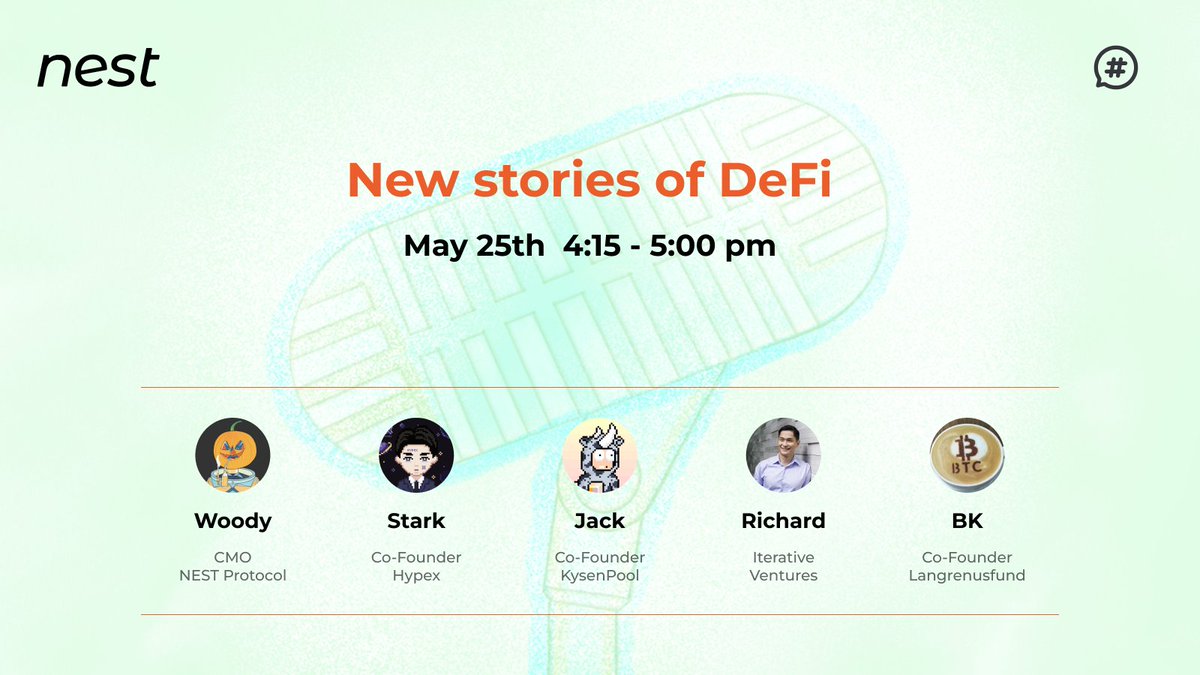 NEST Protocol (@nest_protocol) on Twitter photo 🔥Bay Area Web3 Talk
📍Panel 1: New stories of DeFi
⏰ May 25, 4:15 - 5:00PM (UTC-7)
👏 We are honored to have guests from
<a href="/NEST_Protocol/">NEST Protocol</a>
<a href="/HypeX_io/">HypeX Labs</a>
<a href="/KysenPool/">KysenPool — Staking Begins Here.</a>
<a href="/BernieKong/">Bernie Kong @Palo Alto</a>
<a href="/TeamIterative/">Iterative Ventures Team</a>
➡️Register link: eventbrite.com/e/bayarea-web3… 🔥Bay Area Web3 Talk
📍Panel 1: New stories of DeFi
⏰ May 25, 4:15 - 5:00PM (UTC-7)
👏 We are honored to have guests from
<a href="/NEST_Protocol/">NEST Protocol</a>
<a href="/HypeX_io/">HypeX Labs</a>
<a href="/KysenPool/">KysenPool — Staking Begins Here.</a>
<a href="/BernieKong/">Bernie Kong @Palo Alto</a>
<a href="/TeamIterative/">Iterative Ventures Team</a>
➡️Register link: eventbrite.com/e/bayarea-web3…