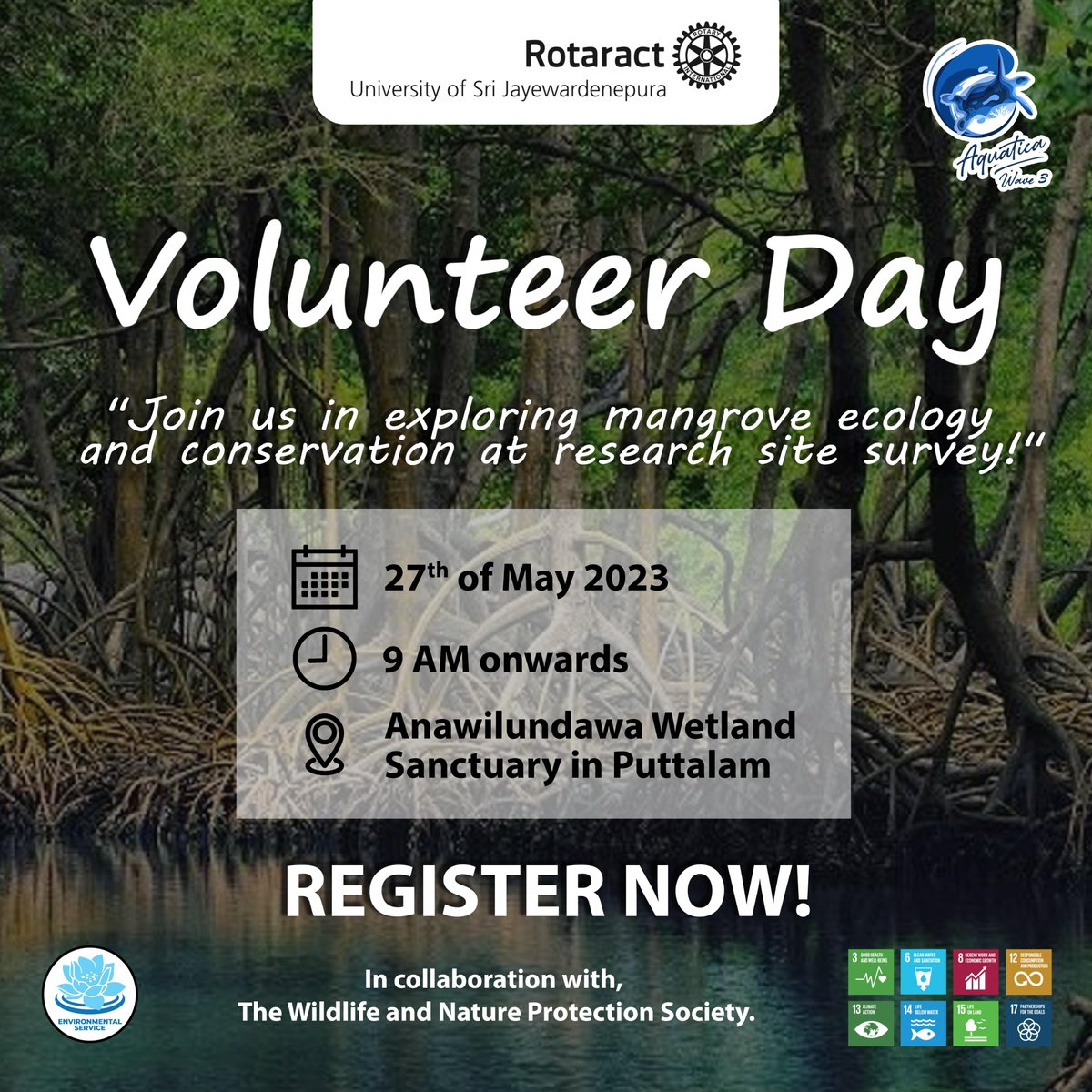 rotaractusjp's tweet photo. Volunteer day organized under "Aquatica Wave 3" will be happening on the 27th of May 2023 from 9 am onwards at the at Mangrove research center, Anawilundawa.
#AquaticaWave3 #RACUSJ #Rotaract #Rotaract3220 #ImagineRotary #LearnServeandStrive https://t.co/yOLSI1hc4u