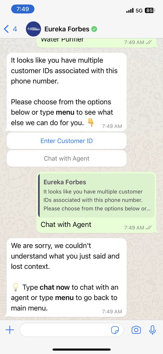 paramrayat's tweet photo. @EurekaForbes your water purifier just got dumb in few months of purchase again. When trying to raise complaint your wats app for business is as dumb as your product. Kindly help #CustomerService  #eurekforbes https://t.co/KBuOcwtlCL