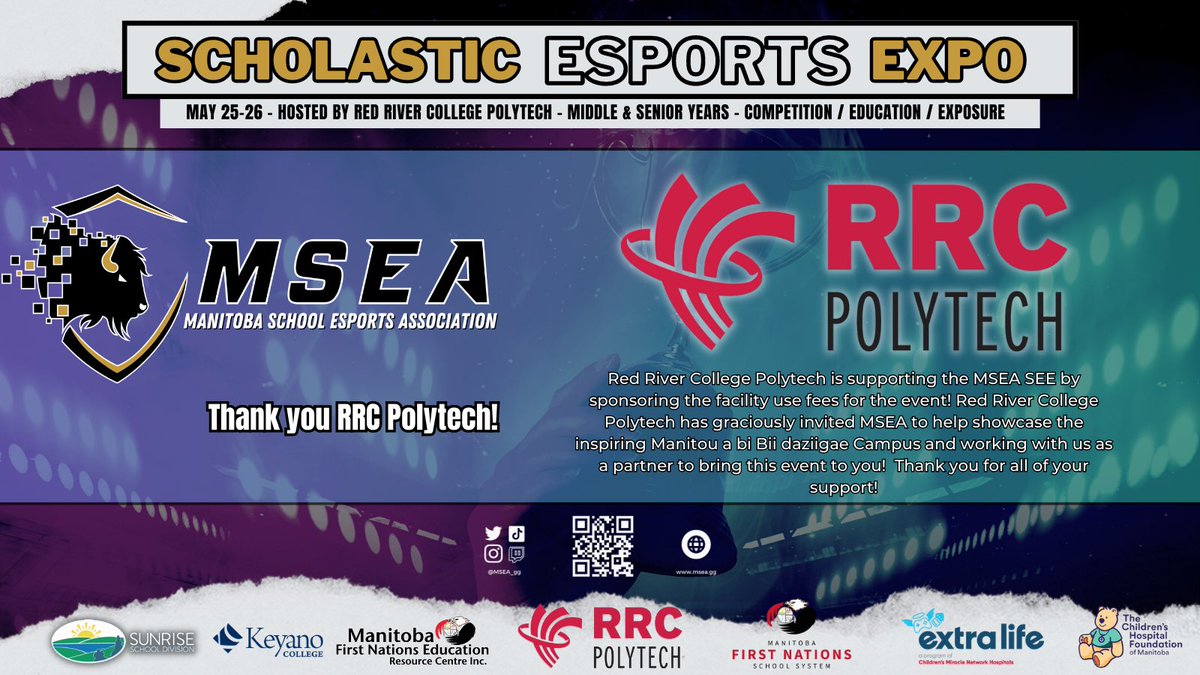 This historic event would not be possible without the generosity of @RRC for allowing us to use their venue. Thanks for helping us make history in the Manitoba #EsportsEDU scene! #MSEA_gg