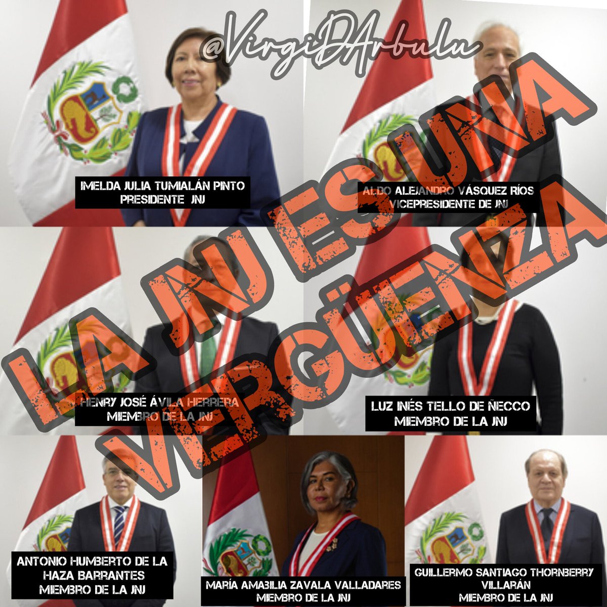 VirgiDArbulu's tweet photo. ¡La @JNJPeru es una VERGÜENZA! 
¿Realmente está gente administra justicia en el Perú? 🤬
¿Qué se creen para interferir en un poder del Estado? 
Avalaron al equipo lavajato para tener a delincuentes libres, pura IMPUNIDAD.
¿Porqué las encuestas no hacen un sondeo por está gente? 
7 miembros lagartos y todos alineados para salvar a la lagarta de Zoraida Avalos.
¡Reforma de la JNJ ya!
Conozcamos a cada uno 👇