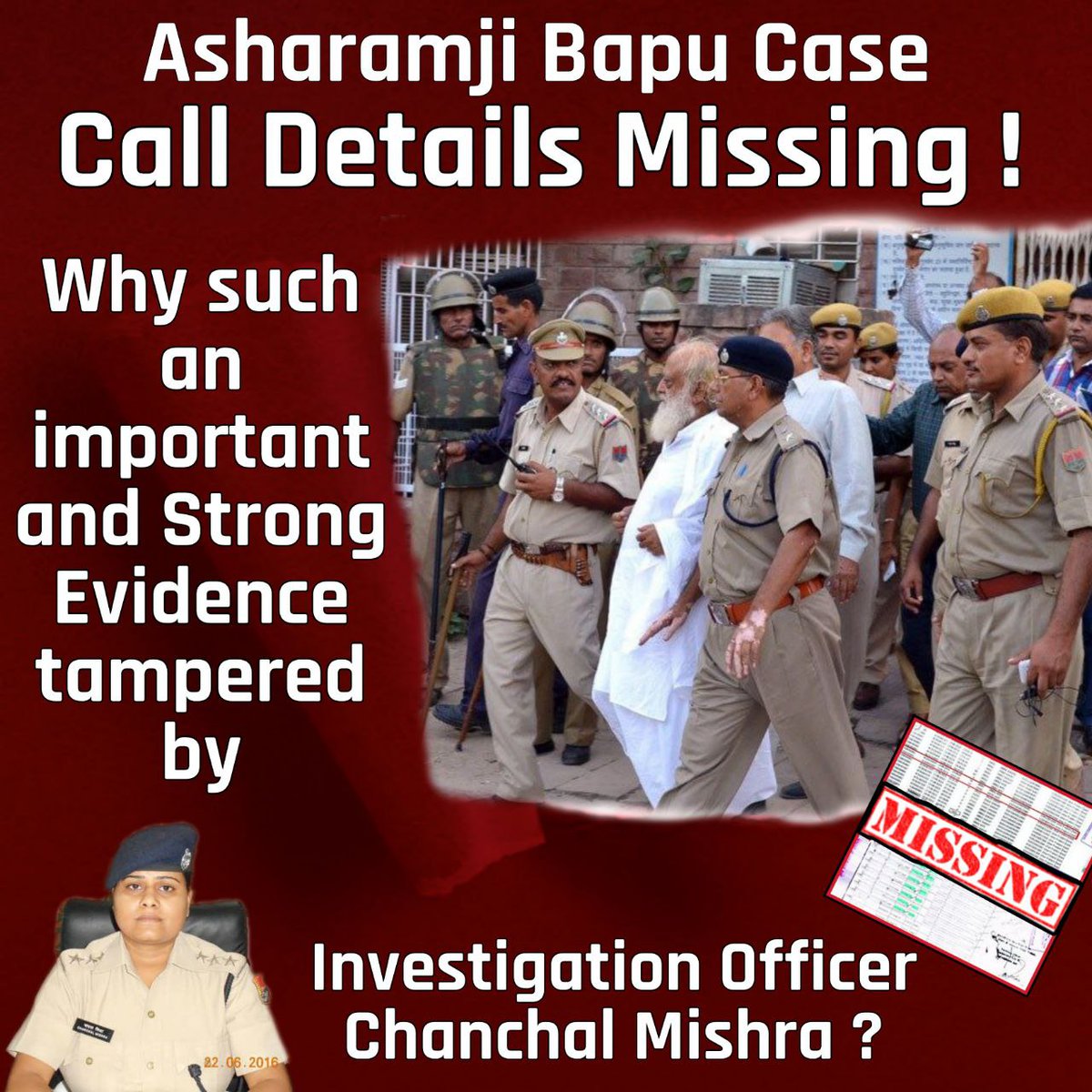 In Sant Shri Asharamji Bapu case there are many loopholes found
🔸 No fingerprints or footprints report to prove presence of the girl inside Bapuji's Kutiya.
🔸 Missing call details of the girl
There is No Direct Evidence against #Bapuji
It's #HakikatVsKahani  
in Jodhpur Files