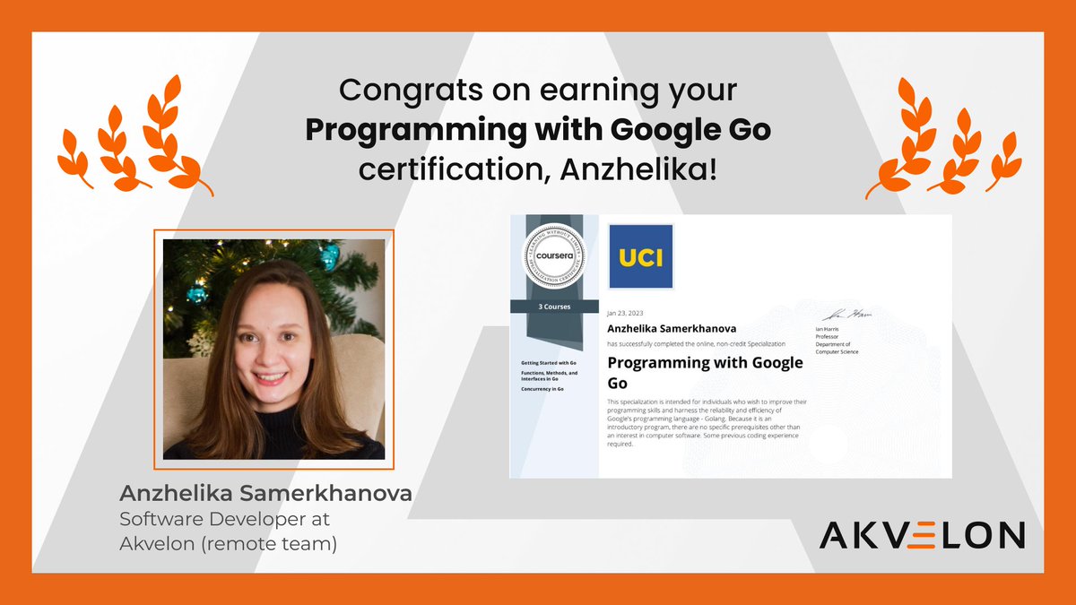AkvelonInc's tweet image. Congrats to Anzhelika Samerkhanova, a Software Developer at Akvelon, for earning her Programming with #GoogleGo certification from @UCIrvine! This certificate validates her expertise in creating efficient applications using Go. 
We&apos;re proud of your achievement! 

#Certification…