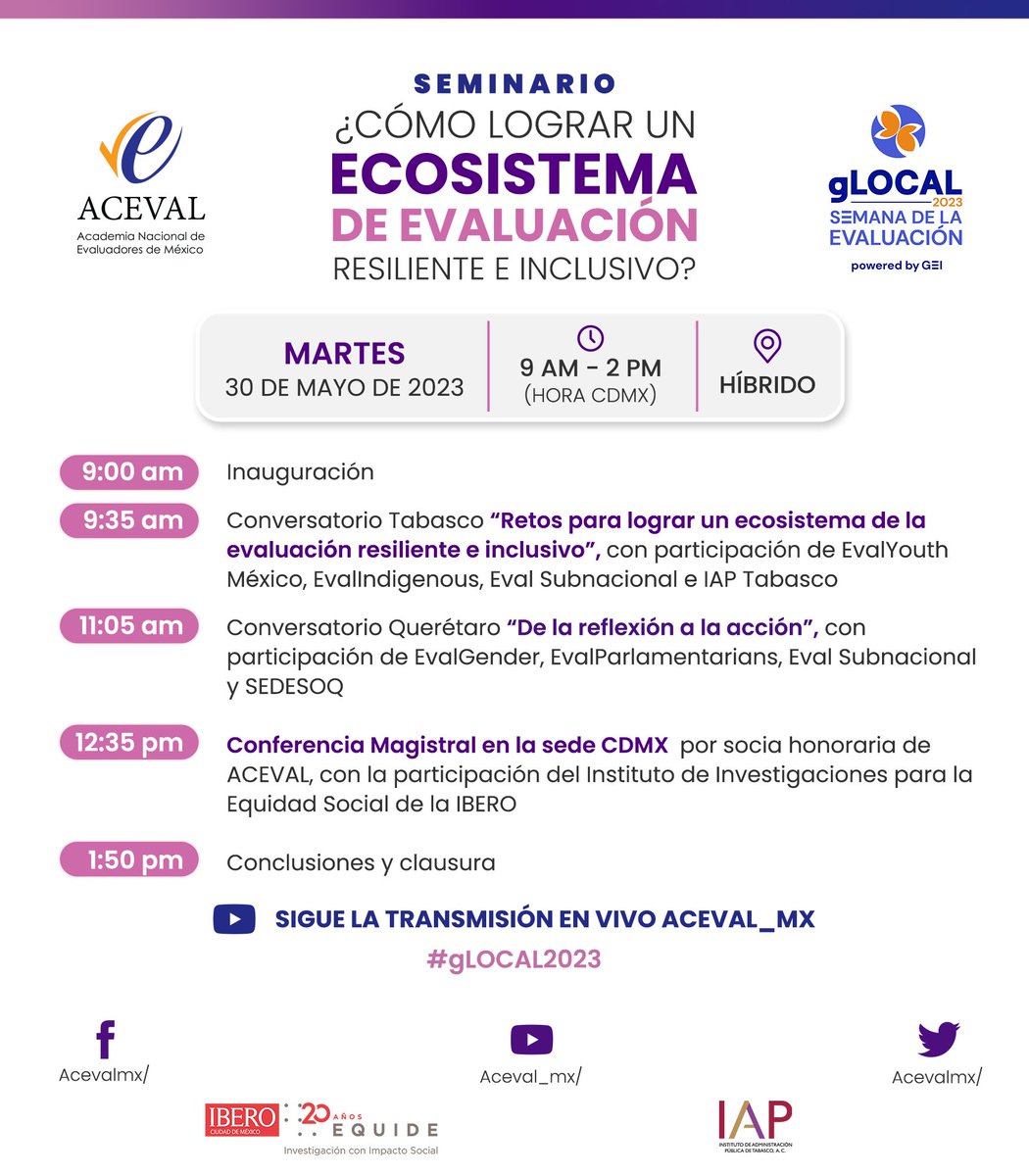 Aceval (@acevalmx) on Twitter photo 🚨 Falta solo una semana para el Seminario '¿Cómo lograr un ecosistema de evaluación resiliente e inclusivo?', que organizamos con <a href="/IAPTabasco/">IAP Tabasco, A.C.</a> <a href="/SEDESOQueretaro/">Secretaría de Desarrollo Social del Edo. de Qro.</a> <a href="/equide_ibero/">EQUIDE</a> para la #gLOCAL2023
🗓️30/mayo
⏰9am-2pm (hora CDMX)
📍 Evento híbrido en vivo por
bit.ly/ACEVALgLOCAL20… 🚨 Falta solo una semana para el Seminario '¿Cómo lograr un ecosistema de evaluación resiliente e inclusivo?', que organizamos con <a href="/IAPTabasco/">IAP Tabasco, A.C.</a> <a href="/SEDESOQueretaro/">Secretaría de Desarrollo Social del Edo. de Qro.</a> <a href="/equide_ibero/">EQUIDE</a> para la #gLOCAL2023
🗓️30/mayo
⏰9am-2pm (hora CDMX)
📍 Evento híbrido en vivo por
bit.ly/ACEVALgLOCAL20…