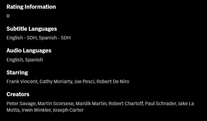 The new HBO Max (MAX) has eliminated writer/director credits in their interface in favor of a vague 'Creators.' This is what Raging Bull currently looks like. It's so fucking over.