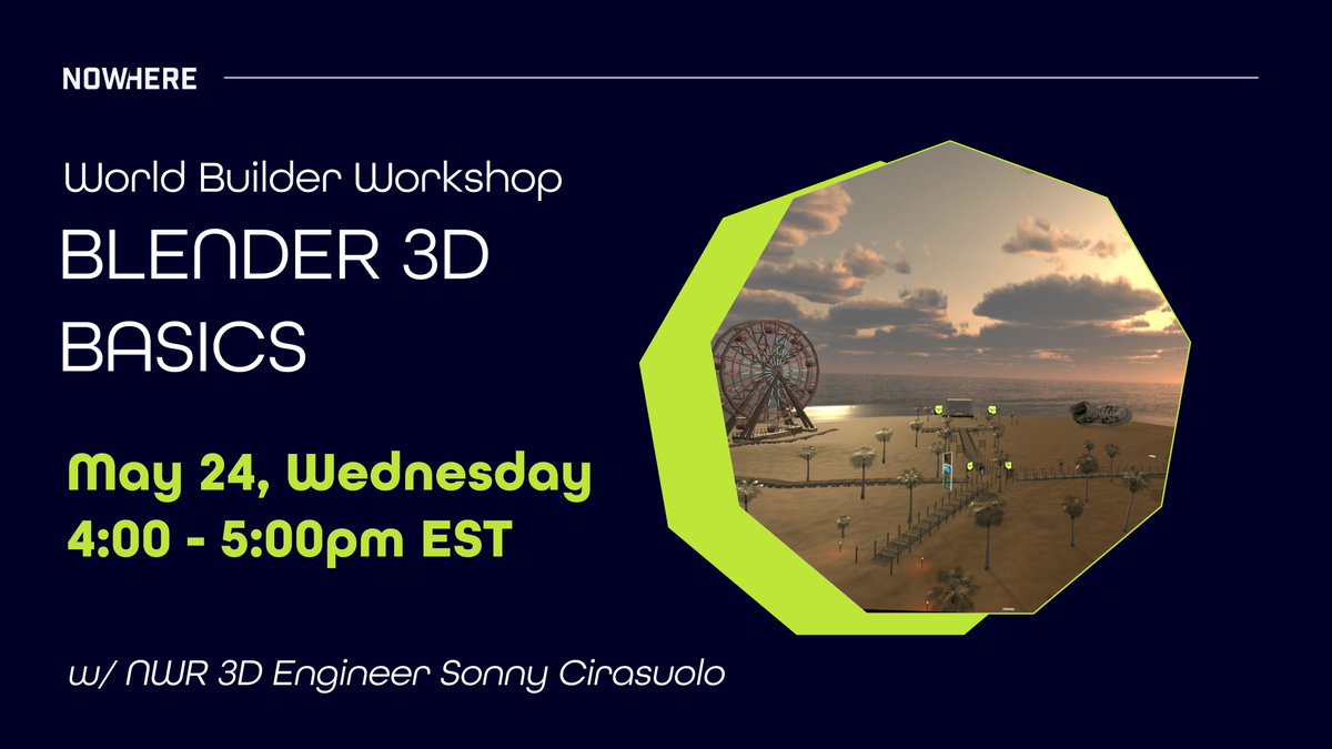 Jump into our FREE 3D Blender workshop TODAY at 4:00pm EST with our very own engineer extraordinaire, Sonny!

Find our World Building tutorial series with resources to get started at the Linktree in our bio.

The class will take place here: now.urnowhere.com/invite/ngDQfZY…
See you there!