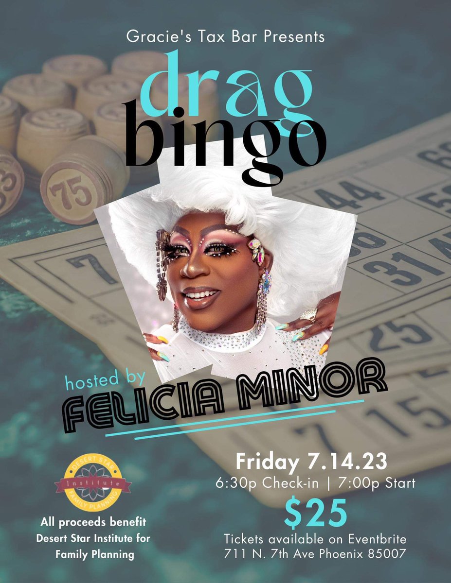 🎱✨ ANOTHA ONE ☝️! 

Join me at @graciestaxbar twice in July! 

I will be joining Freddy Prinze Charming for Sex Trivia Night on July 8. Then, join me for Drag Bingo on July 14, raising funds for Desert Star Institute for Family Planning. 

#DragBingo #Causes #PhoenixAZ