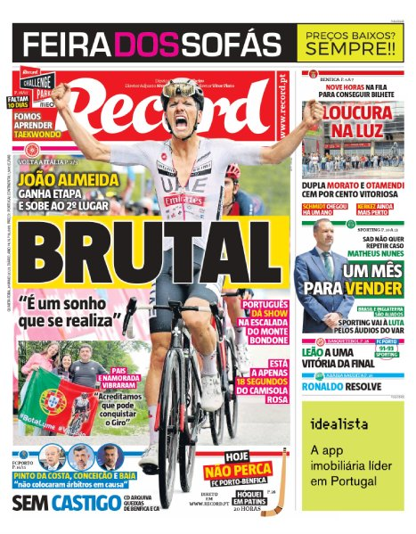 Parabéns a <a href="/Record_Portugal/">Record</a> pela capa 

Estamos na entrada da ultima jornada do campeonato mas hoje a capa tinha que ser para <a href="/JooAlmeida98/">João Almeida</a> <a href="/TeamEmiratesUAE/">@UAE-TeamEmirates</a> 

Ps - Acredito que 2 feira será de novo capa porque será o 1º português a ganhar o #GirodItalia