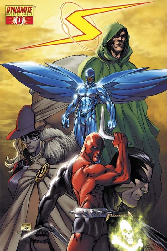 DailyTurnerArt's tweet photo. Project Superpowers #0 retailer incentive cover (2008), colors by @PSteigerwald @AspenComics 
@DynamiteComics #ProjectSuperpowers #GreenLama #Daredevil #Scarab #MissMasque #BlackTerror #Samson  #MichaelTurner https://t.co/T9faR01buf