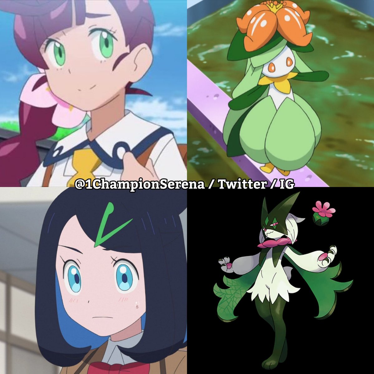 Dawn would take Leafeon, they're perfect on her teams 7th for Contest!

Iris would caught, bit look like twin dragons to me. But not! It's grass / fire type. I'm thought Dragon / Grass type! 🤣

Serena would caught a cute Bellossom, just like her dancer!

#anipoke